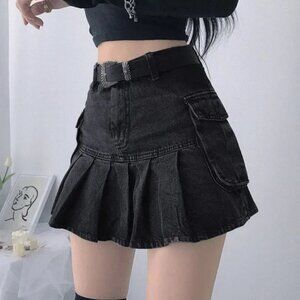 black pleated denim mini a-line skirt w/ pockets | womens skirts